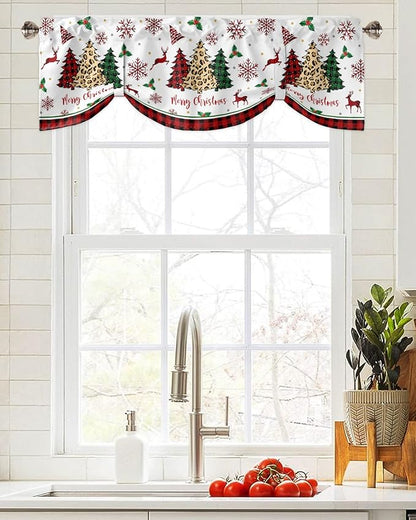 Merry Christmas Blackout Tie Up Valance Curtains for Kitchen Windows Farm Christmas Tree Buffalo Plaid Leopard Window Toppers Balloon Shades for Living Room/Bathroom/Bedroom,60" X 18" Holiday Decor