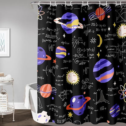AILONEN Solar System Shower Curtain,Math Galaxy Purple Planet Bath Curtain for Bathroom Decor,Cartoon Planet Polyester Waterproof with Plastic Hooks 36" W*72" H