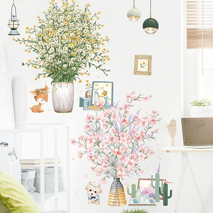 Pink Flowers Potted Plants Wall Decals 3D Simulation Green Plants Wall Stickers Removable Vinyl Peel and Stick for Living Room Bedroom Kitchen Playroom Sofa TV Background Art Decorations