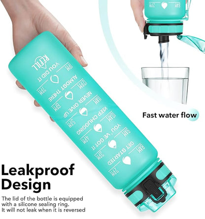 32oz Motivational Water Bottle with Time Marker & Fruit Strainer, Leak-proof BPA Free Non-Toxic Bottle with Carrying Strap, Perfect for Fitness, Gym and Outdoor Sports