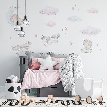 Unicorn Wall Decals for Kids by Lipastick - Unicorn Wall Stickers Peel and Stick - Wall Decals for Girls Kids Baby Nursery Bedroom - Kids Colorful Decals Glittered Moon Stars Clouds S Size