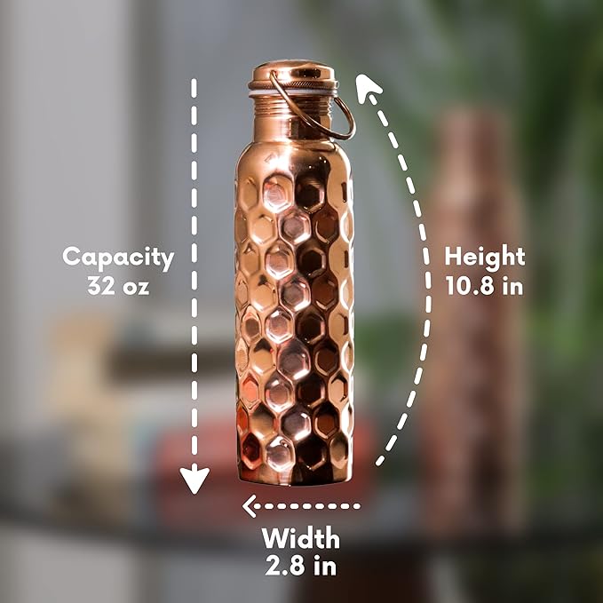 Craft Trade Copper Water Bottle for Drinking 32oz Antique Diamond Pure AyurvedaCopper Water Bottle with Handle Travel Bottle for Gym, Office, Hiking, Outdoor Ayurvedic Hammered Water Vessel-1000 ML