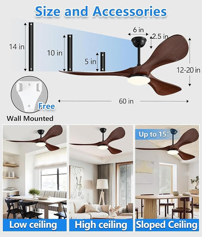 60 Inch Super Wide Blade Ceiling Fan with Light and Remote,Outdoor/Indoor Ceiling Fan with 3 Blades Noiseless Reversible DC Motor 6 Speeds with 3 Color Temperature and Timer for living room Patios