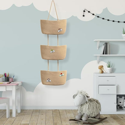 TeoKJ Over the Door Hanging Basket, 3-Tier Woven Cotton Wall-Mounted Storage Organizer Bag Decorative with Self Adhesive Write-On Sticker Hanging Nursery Baskets - Jute