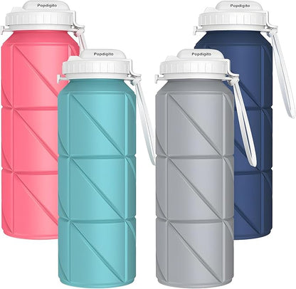 4 pack Collapsible Water Bottles Reusable Leakproof Silicone Water Bottle BPA Free Durable Foldable Sports Bottles & straw 23oz Lightweight Bottle