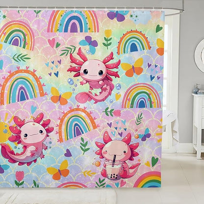 Feelyou Cute Axolotl Bathroom Waterproof Accessories with 12 Hooks Cartoon Salamander Shower Curtain for Kids Boys Girls Rainbow and Butterflies Fabric Shower Curtain Ombre Curtains,72X72 Inches