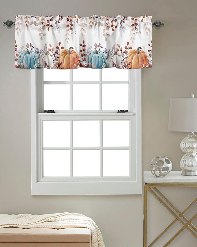 Fall Thanksgiving Kitchen Curtains Valances for Windows Watercolor Autumn Pumpkins Eucalyptus Leaves Rod Pocket Window Treatment for Kitchen /Living Room/Bedroom/ Bathroom,42" X 12", Blue Orange