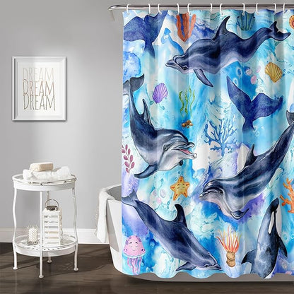 AILONEN Cute Cartoon Whale Shower Curtain,Kawaii Marine Animal Whale Bathroom Curtain for Kids Girls Boys,Blue Tie Dye Bath Curtain Set,Seaweed Fabric Shower Curtains for Bathroom, 36" W*72" H