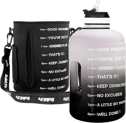 QuiFit Motivational Gallon Water Bottle - with Straw & Time Marker BPA Free Large Reusable Sport Water Jug with Handle for Fitness Outdoor Enthusiasts Leak-Proof