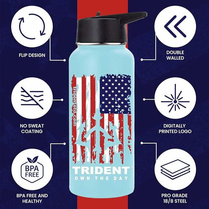 American Flag Water Bottle, 32 oz Insulated Water Bottle, Reusable Water Bottle with Straw, Leak Proof Water Bottles, Thermos Water Bottle - Combat Veteran Small Business (Light Blue, 32 Oz)