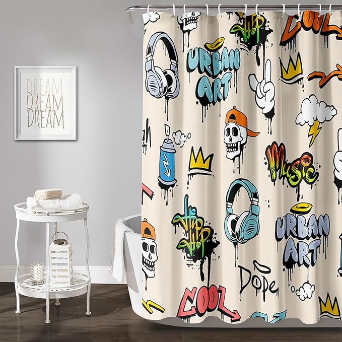 AILONEN Hip-Hop Skull Shower Curtains,Graffiti Music Bath Curtains,Printed Rock Curtains,Polyester Waterproof with 12 Hooks for Bathroom 72" W*84" H