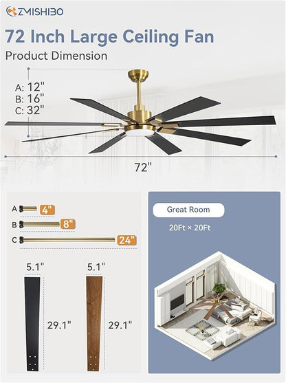 72 inch Black and Gold Ceiling Fans with Lights and Remote, Indoor/Outdoor Ceiling Fan for Patio Living Room, 6 Speed Reversible Quiet DC Motor, 3 CCT, Dual Finish Blades