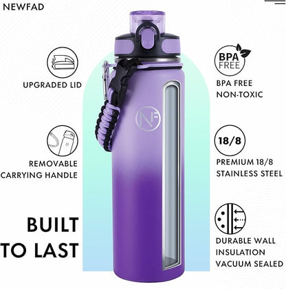 32 oz Insulated Water Bottle With Detachable Straw & Paracord Handle, Stainless Steel Thermos Water Bottle with Leakproof Lockable Lid, BPA-Free Sports Bottle
