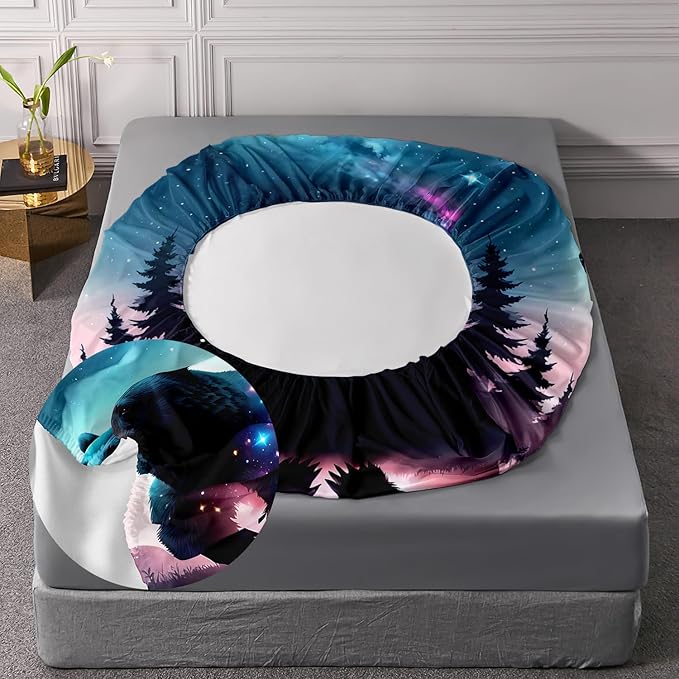 AILONEN Bear Fitted Sheet Set Twin XL Size, Evening Starry Sky Forest Bear Bed Sheet Set Decor,Animal Bear Wildlife Fitted Sheet and 2 Pillowcases,3 Pieces