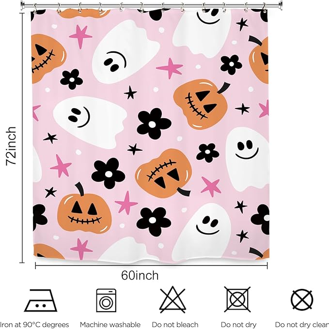 Halloween Pink Ghost Shower Curtain 60Wx72L Inch Pumpkin Cute Girls Horror Scary Spooky Cartoon Lovely Bathroom Set Accessories Decor with 12 Pack Hooks