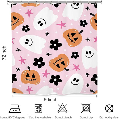 Halloween Pink Ghost Shower Curtain 60Wx72L Inch Pumpkin Cute Girls Horror Scary Spooky Cartoon Lovely Bathroom Set Accessories Decor with 12 Pack Hooks
