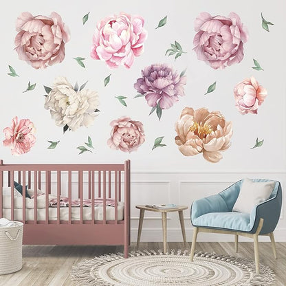 9 Pieces Large Peony Watercolor Wall Decals Peel and Stick, Oppro Big Size Floral Peonies Blossom Colorful Flower Leaves Wall Stickers Decor for Living Room Bedroom Kids Room Decoration, Pink Purple