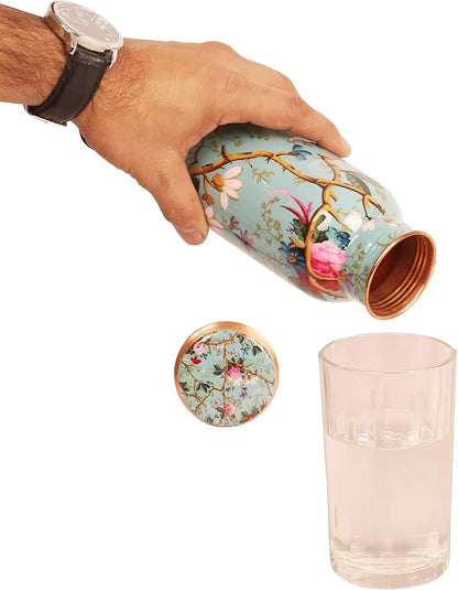 Pure Copper Water Bottle - Handcrafted - Ayurveda health benefits - Large 35 oz - Leak proof - Easy to carry for Sports, Fitness, Yoga, School - Sky Blue Base Floral Vines Colorful Enamel