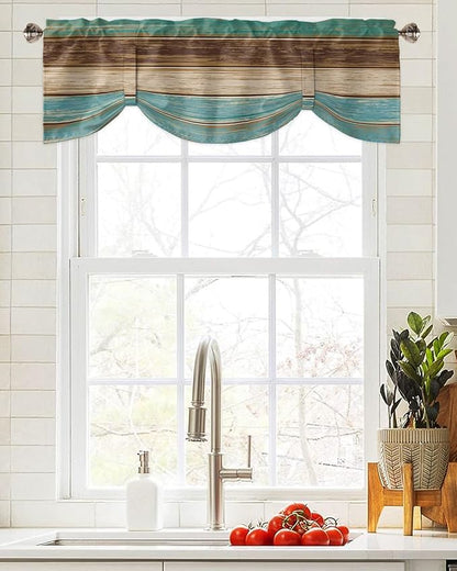 Farmhouse Blackout Tie Up Valance Curtains for Kitchen Windows Teal Turquoise Green Brown Country Window Toppers Balloon Shades for Living Room/Bathroom/Bedroom,42" X 18" Retro Rustic Barn Wood