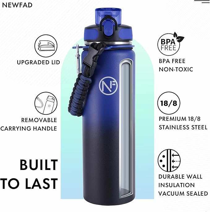 32 oz Insulated Water Bottle With Detachable Straw & Paracord Handle, Stainless Steel Thermos Water Bottle with Leakproof Lockable Lid, BPA-Free Sports Bottle (Blue Black Gradient)