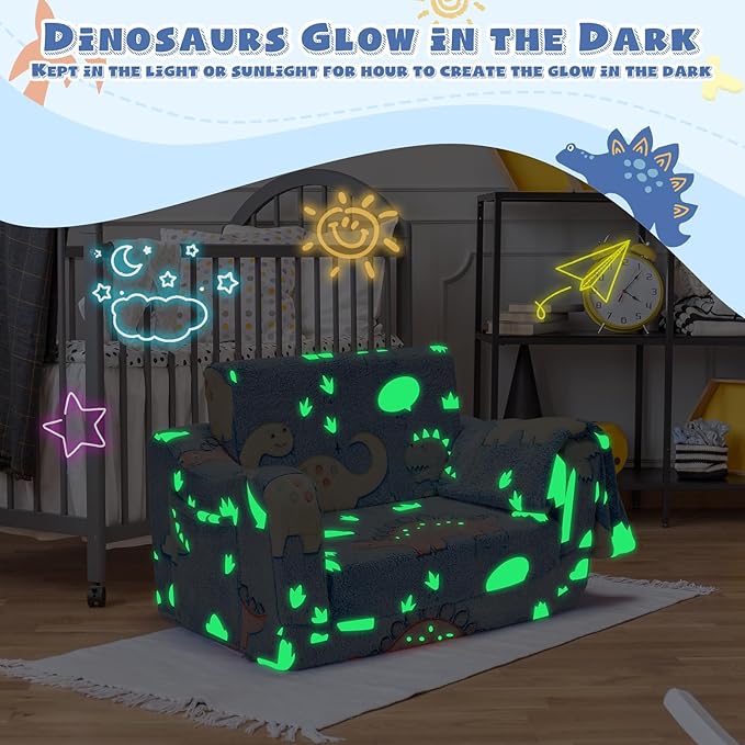 2-in-1 Toddler Chairs Comfy, Toddler Couches That Fold Out,Glow in The Dark, Extra Wide Kids Chairs for Toddler, Baby Couch for 1-3 Year Old Gifts for Girls & Boys, Blue