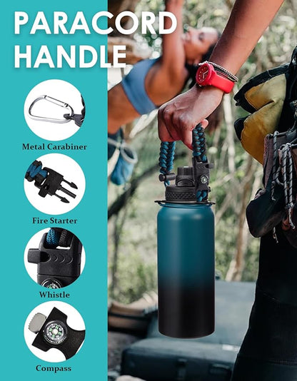 Insulated Water Bottle 32oz with Straw - Pop-up Spout Lid, Paracord Handle, Strap Shoulder Carrier, Protective Boot, Wide Mouth Triple Walled Vacuum Stainless Steel Water Flask for Men Women Gym