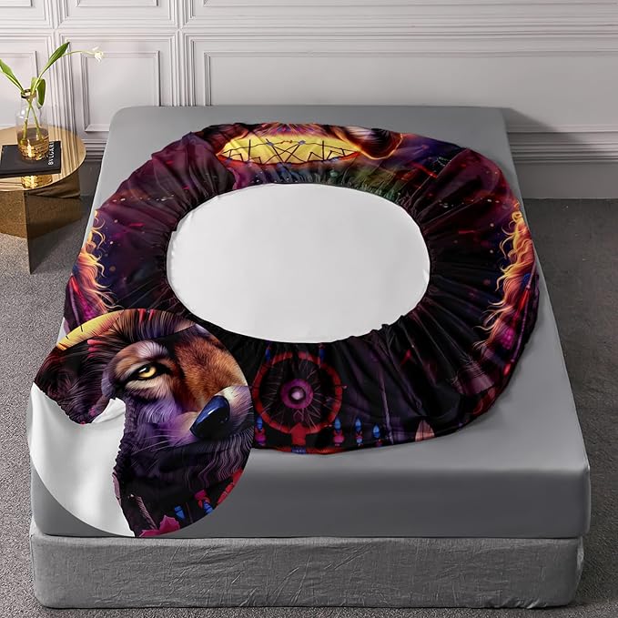 AILONEN Wolf Dream Catcher Fitted Sheet Set Full Size, Wildlife Wolf Bed Sheet Set,Safari Animal Moon Wolf Fitted Sheet and 2 Pillowcases,3 Pieces(Boys/Men/Kids/Teens)