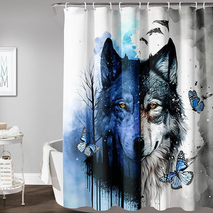AILONEN Wolf Print Shower Curtain for Boys Men,Watercolor Wolf Bath Curtain 60" W*72" H Animal Wolf Bathroom Curtain Polyester Waterproof Wildlife Bathroom Curtain with 12 Hooks