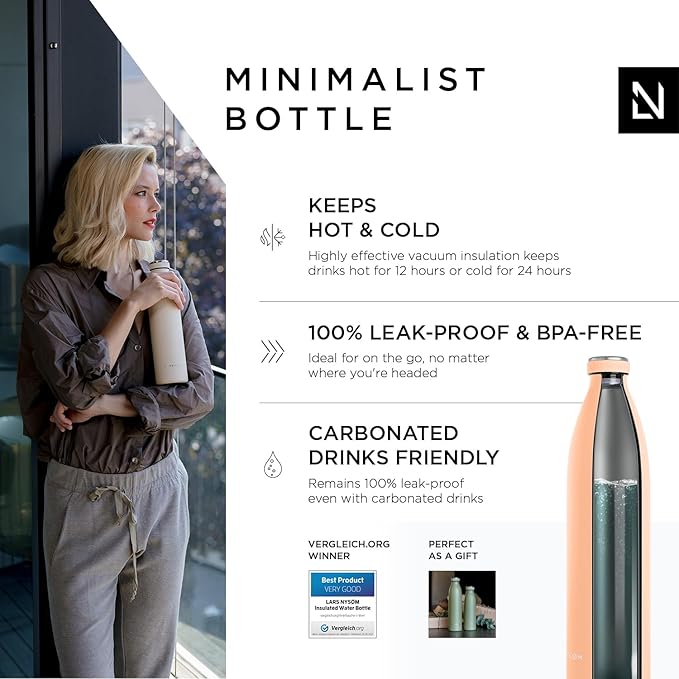 LARS NYSØM Stainless Steel Insulated XL Water Bottle 12oz 17oz 25oz 34oz 51oz | BPA-free Insulated Thermo Flask for Hot and Cold Beverages | Leakproof Large Drinking Bottle (Creamy Peach, 51oz)