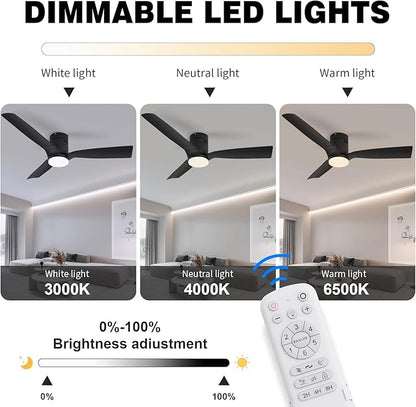 Black Flush Mount Ceiling Fan 52 inch,with Remote,22W Dimmable LED Light,DC Motor,6 Speed,Reversible,Low Profile Ceiling Fan Outdoor Indoor with Memory Function for Bedroom/Patios/Kitchen