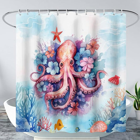 AILONEN Sea Octopuses Shower Curtain Set, Cartoon Octopus with Flowers Waterproof Fabric Shower Curtain,Watercolor Blue Ocean World Cloth Bath Curtain for Bathroom Decor with Hooks,72" Wx96 H