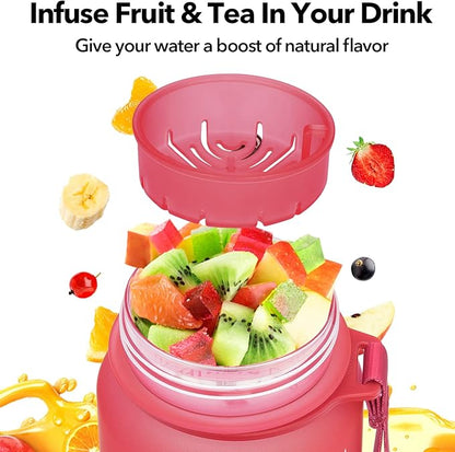 32oz Motivational Water Bottle with Time Marker & Fruit Strainer, Leak-proof BPA Free Non-Toxic Bottle with Carrying Strap, Perfect for Fitness, Gym and Outdoor Sports