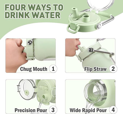 84oz Glass Water Bottle with Stainless Steel Handle,2.5L Gallon Water Bottle With 2-IN-1 Straw Lid, Silicone Sleeve and Motivational Capacity Marker, Wide Mouth Water Jug For Gym, Workout, Green