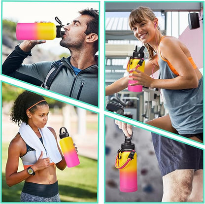 32/40/64oz Insulated Water Bottle with Paracord Handle, Sleeve Carry Strap, Straw Spout Lid, Wide Mouth Metal Canteen Sports Thermo Mug, Leak & Sweat Proof Cold Flask Jug for Camping Traveling