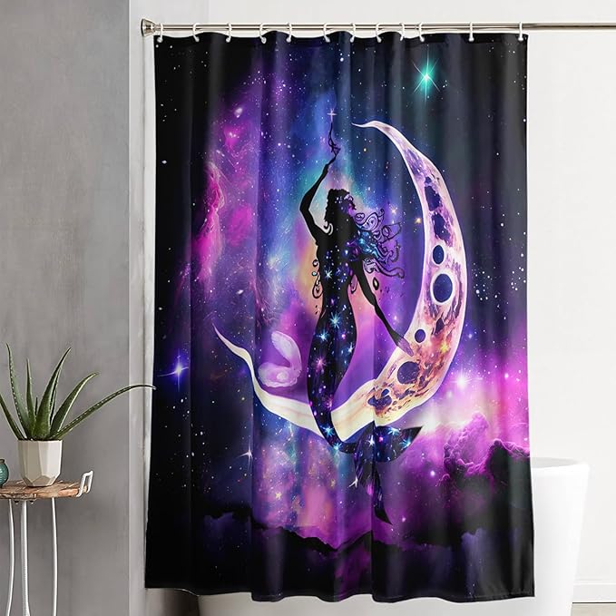 AILONEN Mermaid Shower Curtain, Galaxy Shine Mermaid Theme Shower Curtain Set,Dream Nebula and Moon Waterproof Shower Curtains for Girls Teens Kids,72" W*78" H