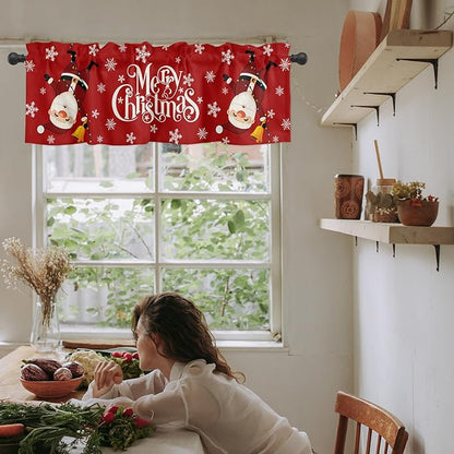 Red Merry Christmas Valance Curtains for Kitchen Windows Funny Hanging Santa Rod Pocket Window Treatment Toppers for Kitchen/Living Room/Bedroom/Bathroom, 60" X 18", Snow Winter Holiday