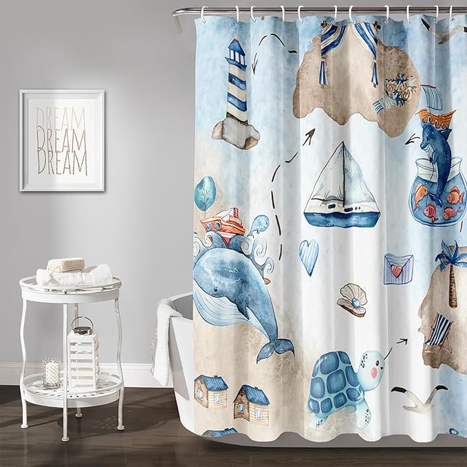 AILONEN Cartoon Dolphin Hower Curtain,Cute Sea Turtle Shower Curtain for Bathroom,Nautical Theme Bath Curtain,Watercolor Blue Waterproof Fabric Shower Curtain Set for Kids Girls,Boys,72" W*84" H