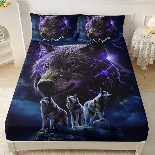AILONEN Wolf Fitted Sheet Set Queen Size, Black Wolf Lightning Howling Wolf Bed Sheet Set for Boys,Wildlife Soft 3D Printed Fitted Sheet with 2 Pillowcases,3 Pieces