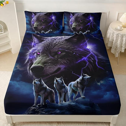 AILONEN Wolf Fitted Sheet Set Twin Size, Black Wolf Lightning Howling Wolf Bed Sheet Set for Boys,Wildlife Soft 3D Printed Fitted Sheet with 2 Pillowcases,3 Pieces