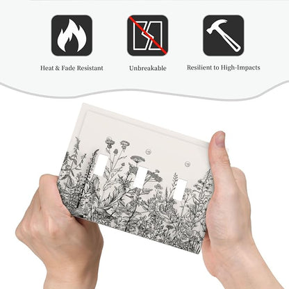 Vintage Grey Floral Herbs Wild Flowers Botanical 3 Gang Boho Light Switch Covers Decorative Country Unique Triple Toggle Wall Plate Electrical Faceplate Switchplate for Bathroom Bedroom