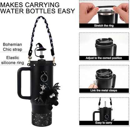 BELSITA Stanley Cup Accessories Set, Black Bird Chain Braided Design Water Bottle Handle Strap, Black Glitter Silicone Stanley Cup Boot, Stanley Charms for Stanley Cup 30/40oz Tumble (Halloween 2)