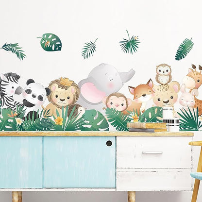 Cartoon Jungle Animals Wall Stickers Nordic Plants Zebra Panda Lion Elephant Monkey Wall Decals for Boy Kids Nursery Living Room Bedroom Children's Room Art Decorations