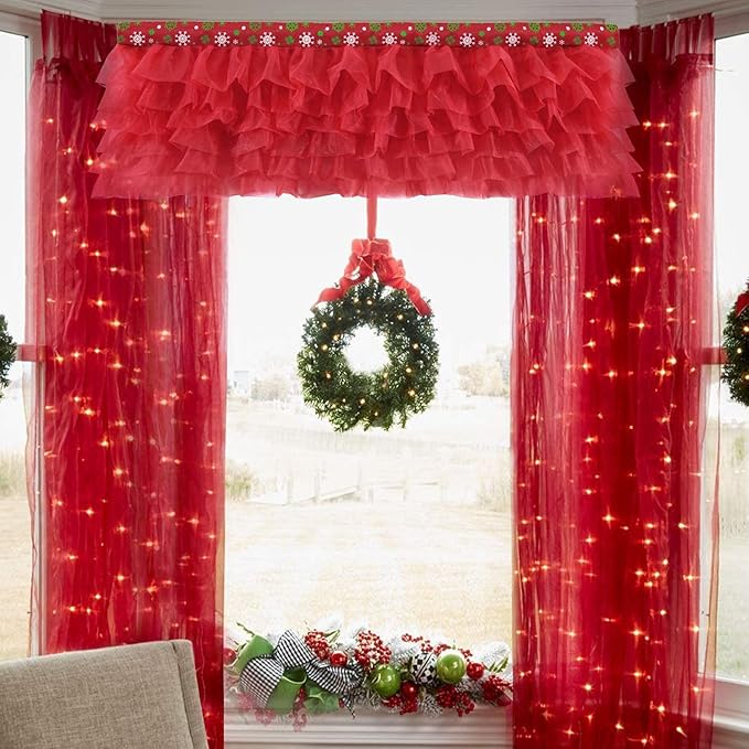 Red Valance Tulle Valance Curtains for Kitchen Girl Bedroom Windows Baby Living Room Nursery Door Bathroom Christmas Decorations 52" × 16"