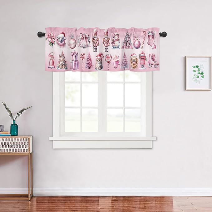 Pink Christmas Window Valance for Kitchen Living Room, Nutcracker Themed Window Curtain for Bedroom Bathroom, Winter Windows Valance Rod Pocket Window Treatment, Christmas Decors, 54" W x 18" L