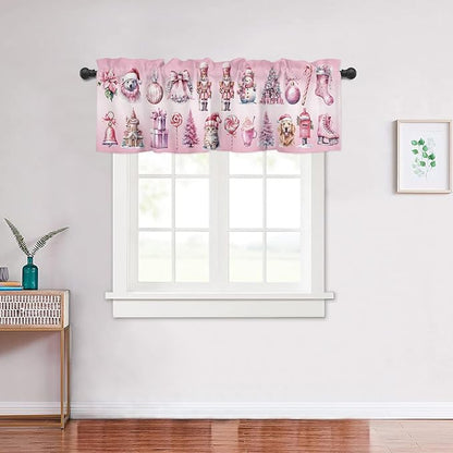 Pink Christmas Window Valance for Kitchen Living Room, Nutcracker Themed Window Curtain for Bedroom Bathroom, Winter Windows Valance Rod Pocket Window Treatment, Christmas Decors, 54" W x 18" L