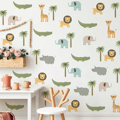 5PCS Cartoon Animal Wall Decal Removable DIY Elephant Hippopotamus Giraffe Lion Crocodile Wall Decal Peel and Stick Coconut Tree Wall Art for Baby Nursery Bedroom Living Room Playroom Decor (A)