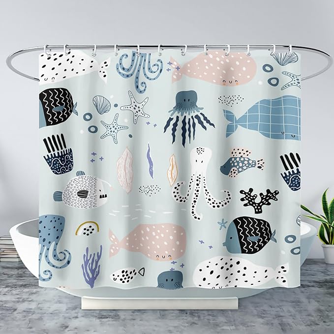 AILONEN Cartoon Ocean Life Shower Curtain for Kids 72" W*78" H Inch,Kawaii Fish Whales Octopuses Pattern Shower Curtain,Ocean Life Theme 12 Pack Hooks Polyester Waterproof Fabric Decor for Bathroom