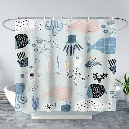 AILONEN Cartoon Ocean Life Shower Curtain for Kids 72" W*78" H Inch,Kawaii Fish Whales Octopuses Pattern Shower Curtain,Ocean Life Theme 12 Pack Hooks Polyester Waterproof Fabric Decor for Bathroom