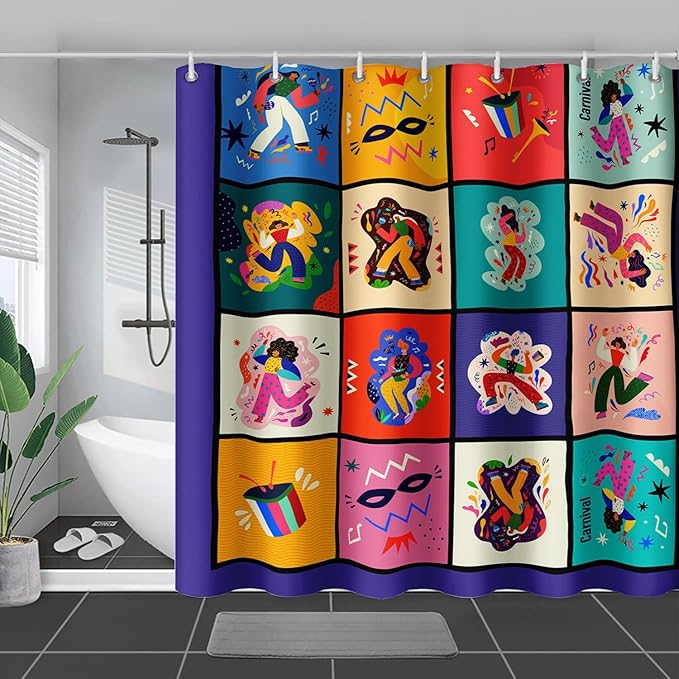 AILONEN Graffiti Music Shower Curtain,Happy Girls Music Art Bath Curtain Minimalist Bathroom Curtain 48" W*72" H Polyester Waterproof Bathroom Curtain with 12 Hooks