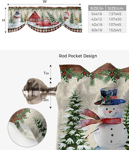 Christmas Farmhouse Blackout Tie Up Valance Curtains for Kitchen Windows Snowman Farm Red Truck Window Toppers Balloon Shades for Living Room/Bathroom/Bedroom,1 Panel,42" X 12" Winter Holiday
